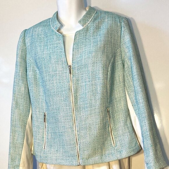 Lane Bryant SZ 26 Aqua & Cream Zip front Jacket Academia Modern Career Y2K - Picture 2 of 8
